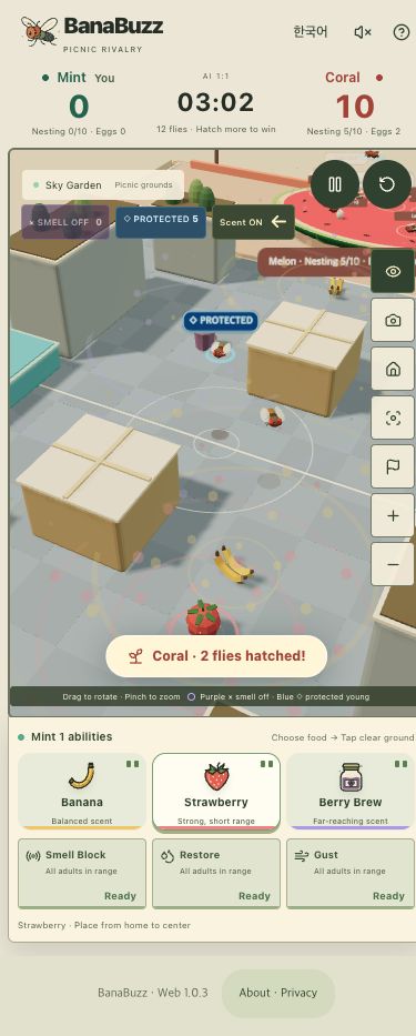 Actual BanaBuzz web 1.0.3 match in English, showing flies, fruit and placement tools